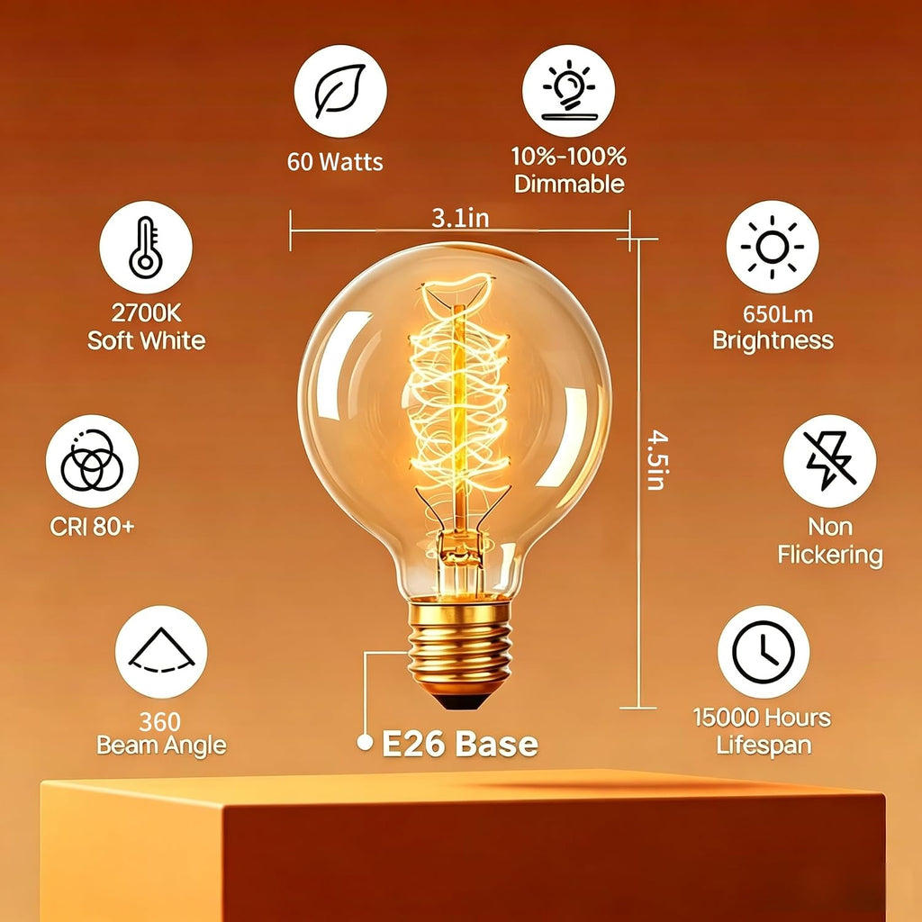 G80 Edison Globe Bulbs - G95 E27 Antique Incandescent Bulb 60W Equivalent Warm White Lamps,Spiral Tungste(2PACK