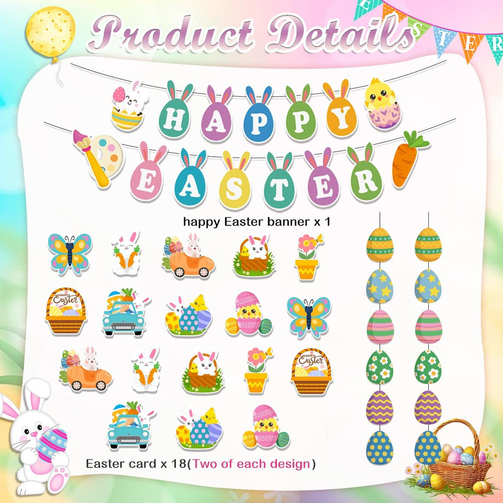 Easter Decorations Easter Garland Happy Easter Banner Easter Decorations Indoor with Egg Bunny Hanging Swirl - Set of 53