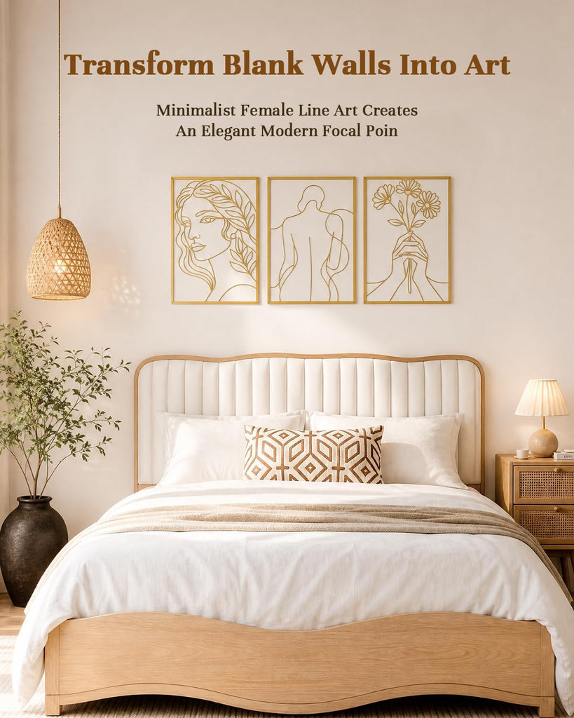 Golden Metal Wall Art Set, Woman Line Art & Floral Wall Decor - Set of 3