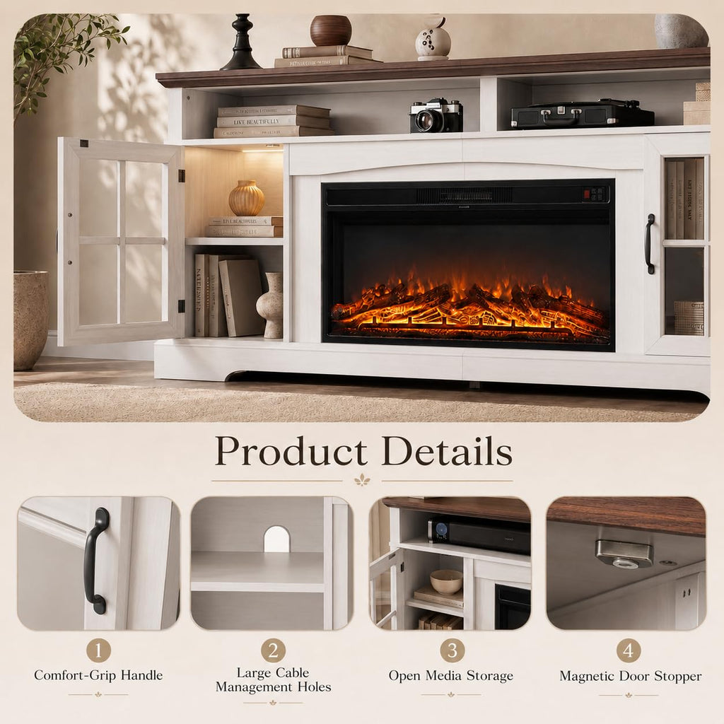 80" Fireplace TV Stand, Modern Entertainment Center for TVs Up to 80", TV Console with Storage Cabinets, Media