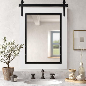 Farmhouse Barn Door Mirror, 40"x29" Rustic Bathroom Mirror, Wood Frame Wall Mirror, Wooden Mirror Bedroom Entryway