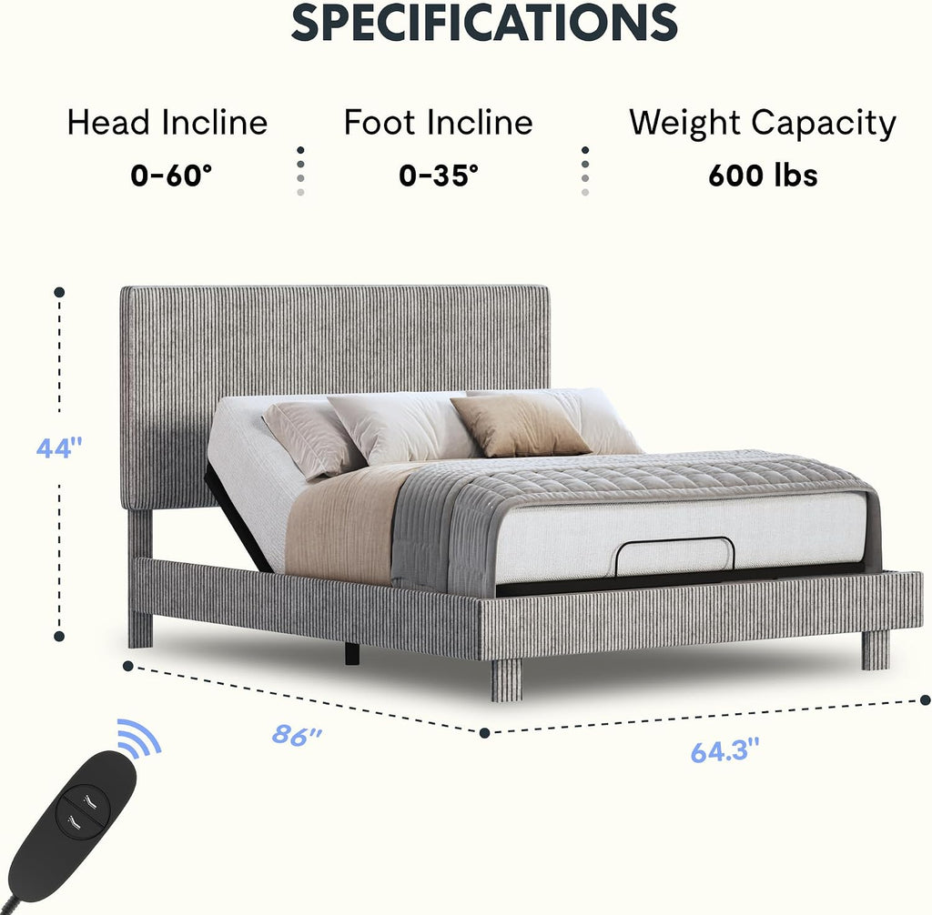 Queen Adjustable Bed with Velvet Upholstered Frame, Light Grey