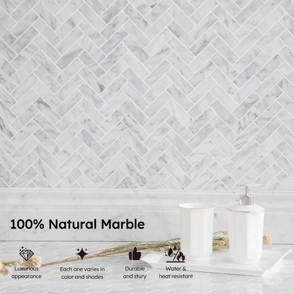 Marble Mosaic Tile, Marble Backsplash Bathroom Wall Floor, Pack of 5 Sheets (White Carrara Polished, 1x3 Inch
