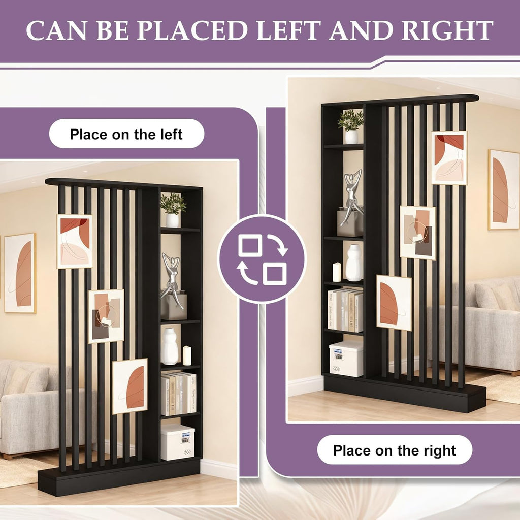 Freestanding Wall Room Divider with Shelves, Black, 55.1x9.4x78.7in