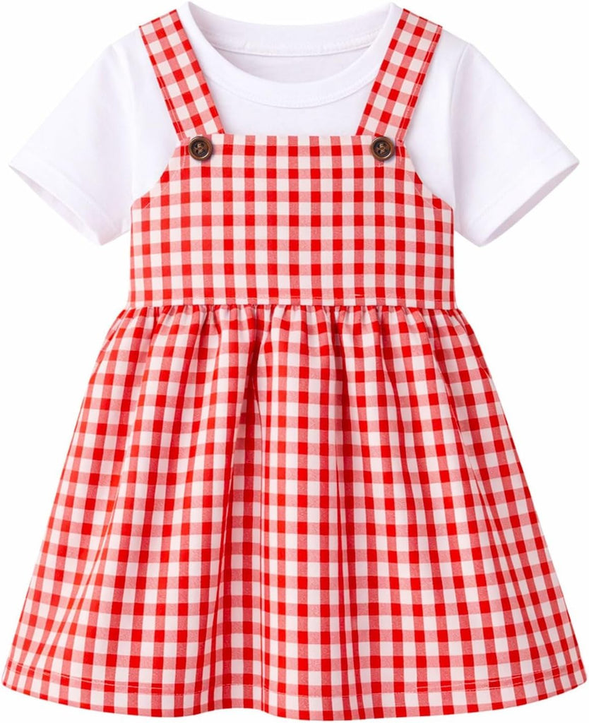 Girls Dress Set 2pc Pinafore Suspender Dress Outfit with Cotton Tees Summer Casual Play Dress