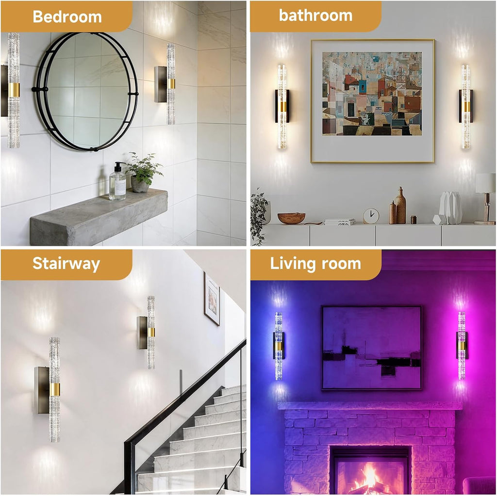 Crystal Battery Operated Wall Sconce, Black and Gold Rechargeable Wireless Wall Light Fixtures with Remote Control