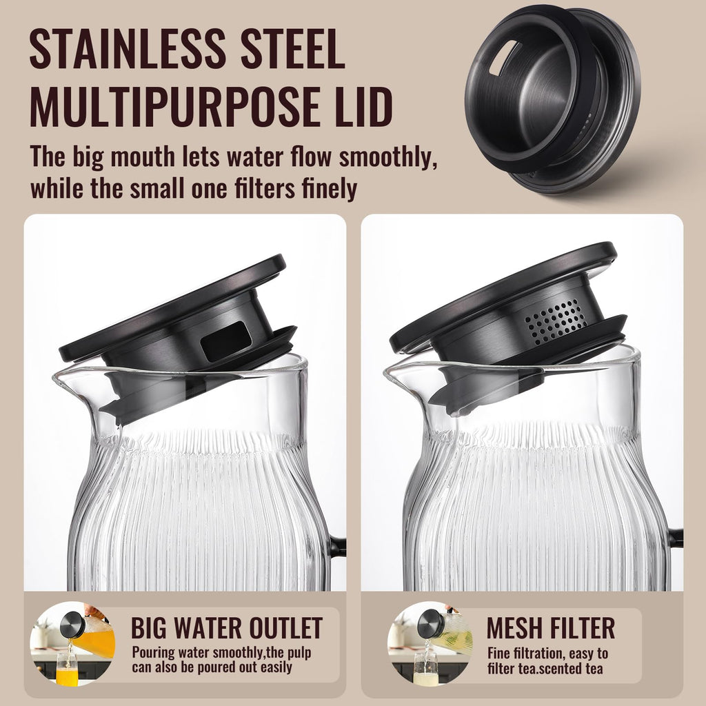 2 Liter/68 oz Square Glass Pitcher with Lid, Classic Stripes Water Pitchers with Handle for Fridge, Large Jug for