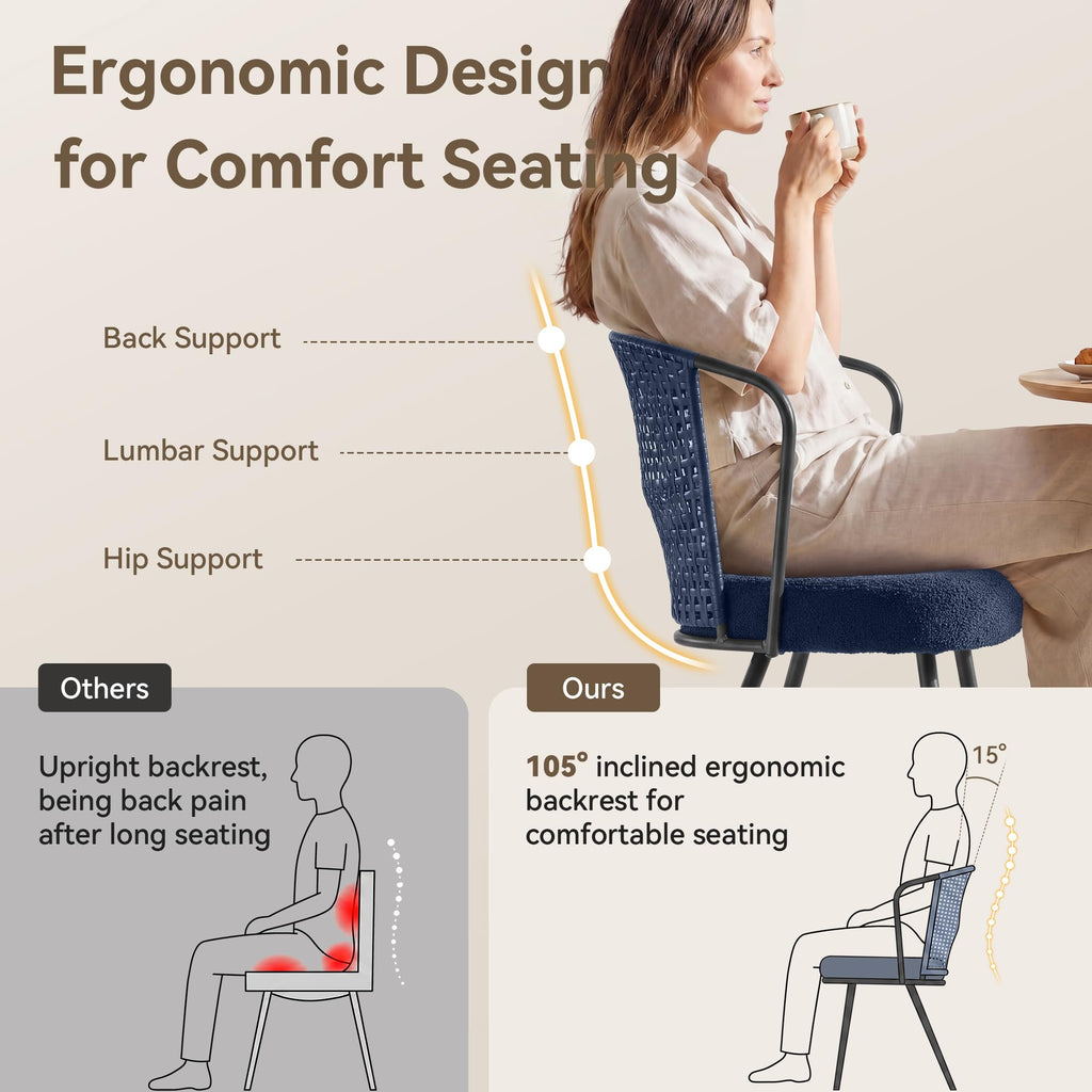Rattan Dining Chairs Set of 4 - Farmhouse Upholstered PE Rattan Kitchen Chair with Boucle Cushion, Wingback Dining