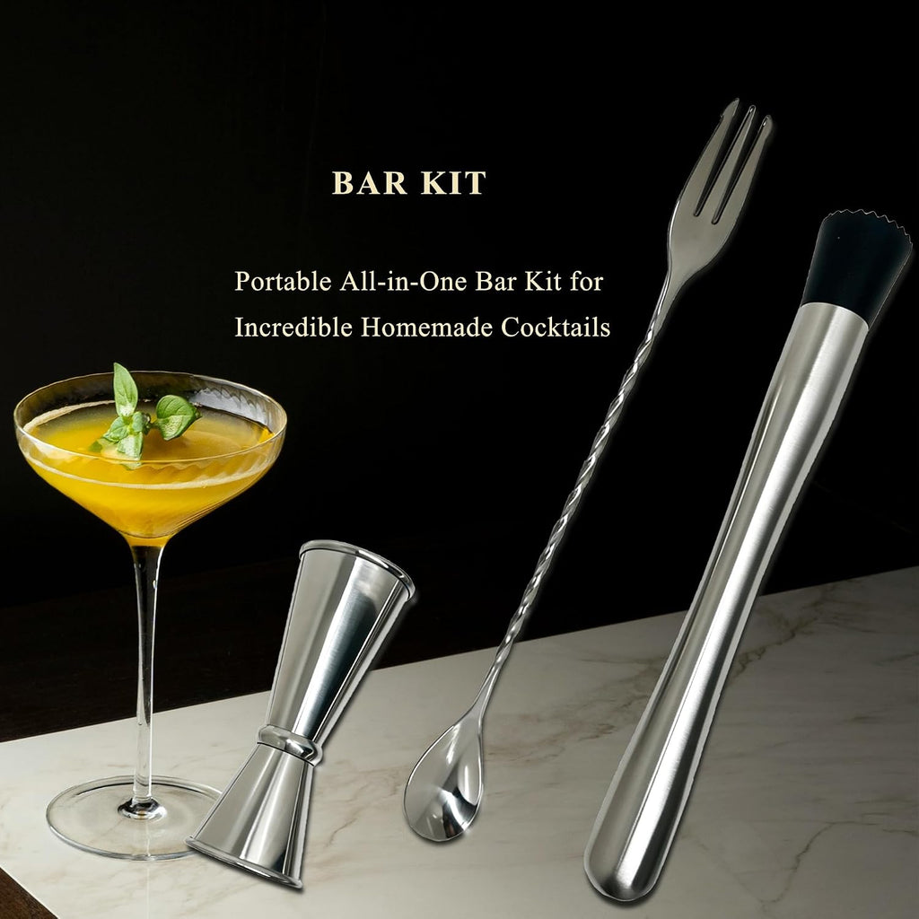 Cocktail Bar Muddler, Mixing Spoon and Measuring Jigger Bartending - Set of 3