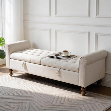 65.7" W Large Storage Ottoman Bench, King Size End of Bed Storage Bench with Wood Legs, Upholstered Window Bench