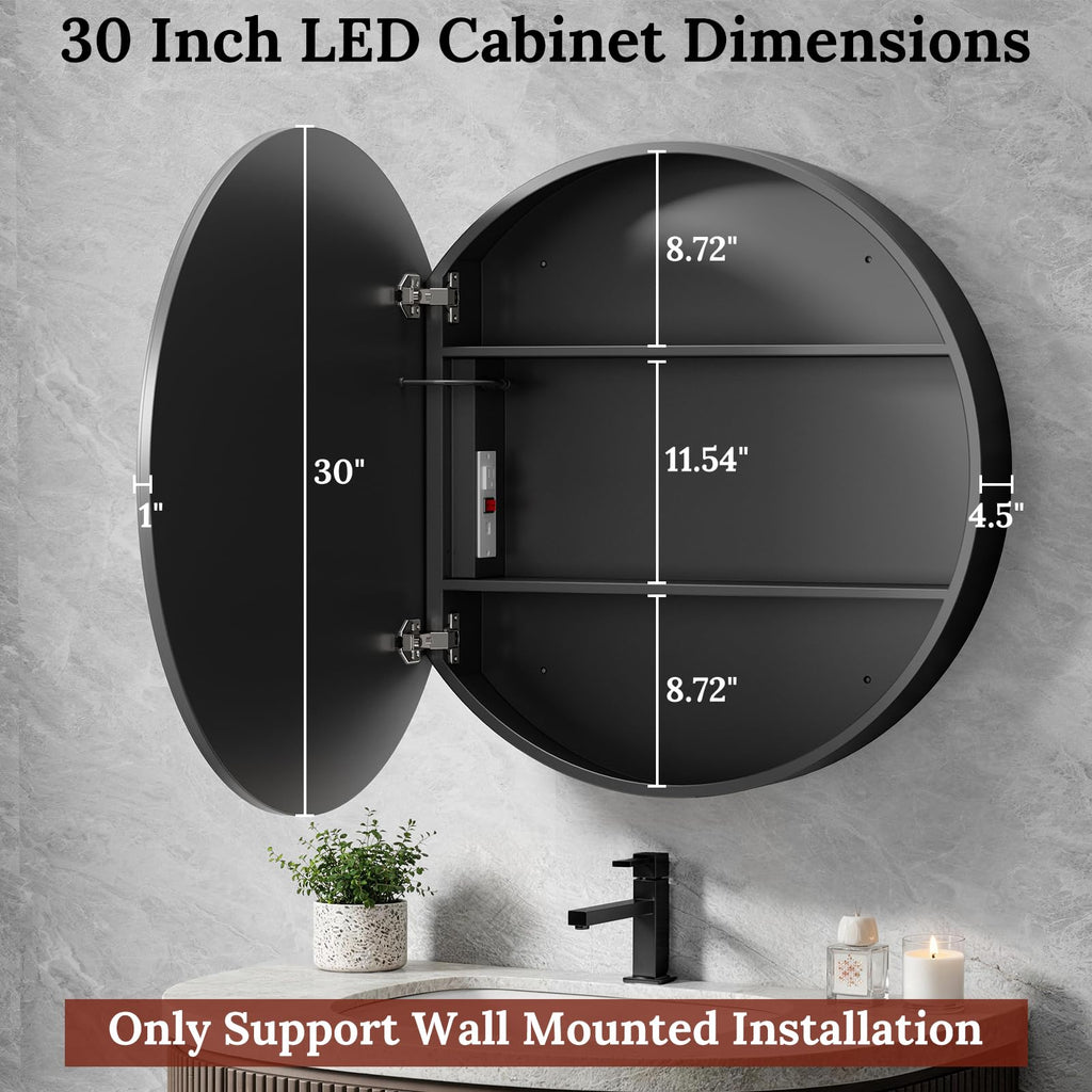 30 Inch Round Lighted Medicine Cabinet with Mirror, Black LED Medicine Cabinet with 3-Color Lights