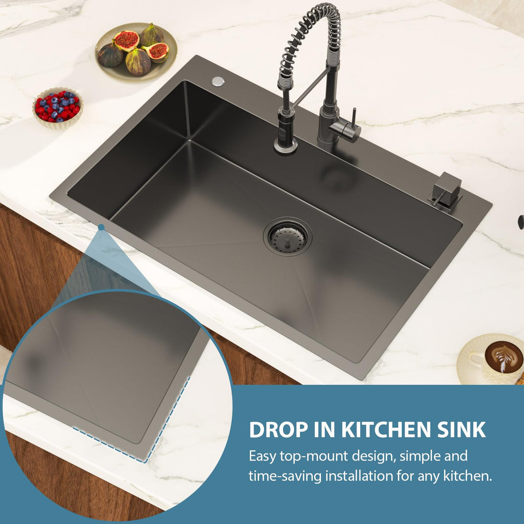 33 Inch Black Drop In Stainless Steel Sink Single Bowl