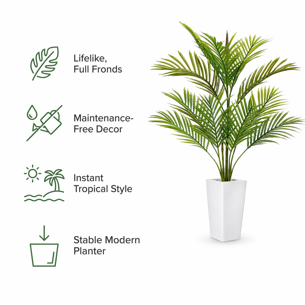 Artificial Palm Tree, 4.5FT Tall Faux Tropical Areca Plants with White Tall Planter, Fake Potted Tree with Lifelike