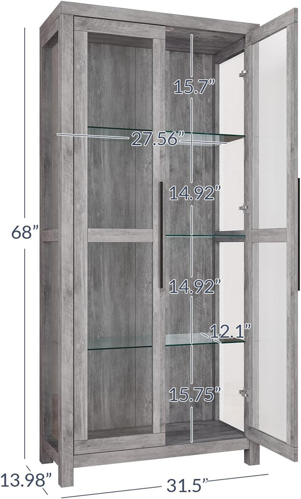 68" Avalon Glass Display Cabinet - Gray Wash | Adjustable Shelves,Tempered Glass Doors,Tall Curio Cabinet,Trophy