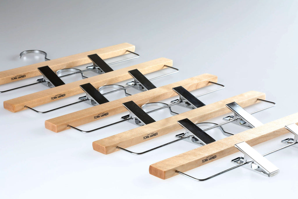 Pants Hangers, Luxury Natural Wooden Skirts Hangers with 2 Big Premium Metal Clips and 360° Swivel Anti-Rust Flat