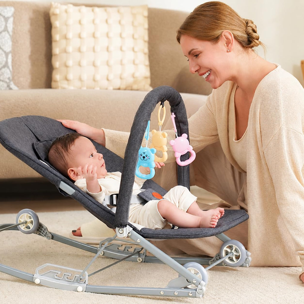 Rocking Baby Bouncer with Canopy, Mode Rocking & Rolling Infant Seat, Portable Baby Chair for 0-18 Months(Grey)