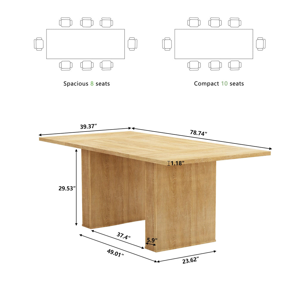 78 Inch Rectangular Dining Table for 6 to 10, Farmhouse Fluted Dining Kitchen Table, Modern Wood Long Dining Table