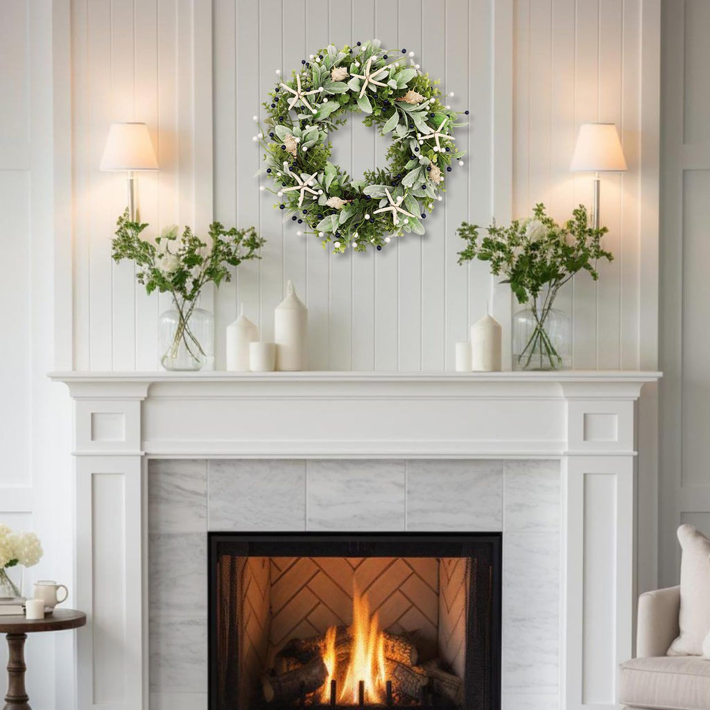22 Inch Coastal Summer Beach Wreaths for Front Door, Artificial Eucalyptus Greenery Wreath with Starfish Conch