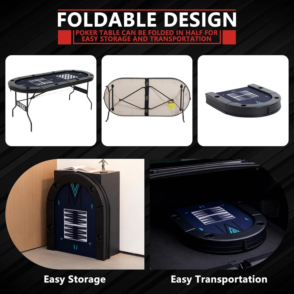 4-in-1 Poker Table Foldable, 8 Player Folding Poker Table w/Interchangeable Texas Holdem/Blackjack Game Mat &