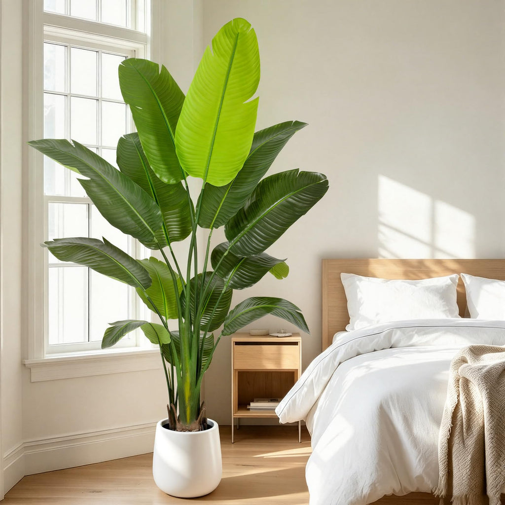 6FT Artificial Bird of Paradise Plant Tall, 71"Fake Tropical Tree with 13 Banana Leaves and White Pot, Large Faux Silk