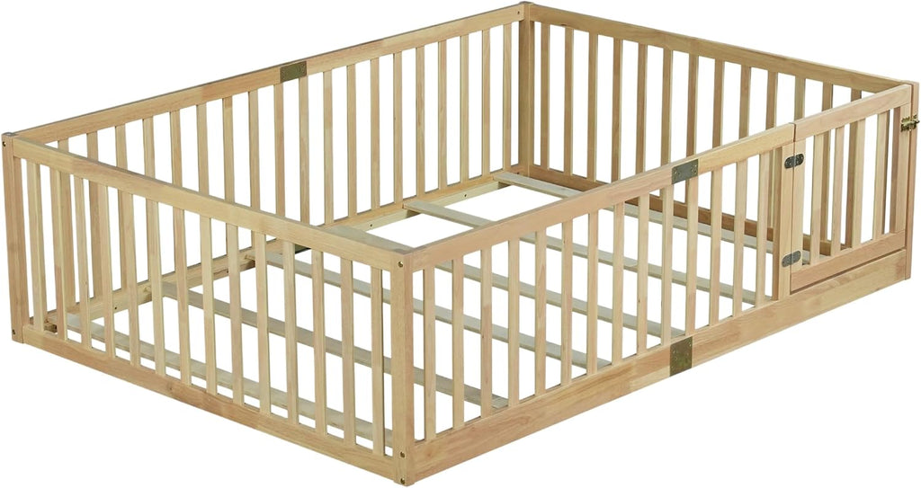 Toddler Floor Bed with Door&High Rails, Natural