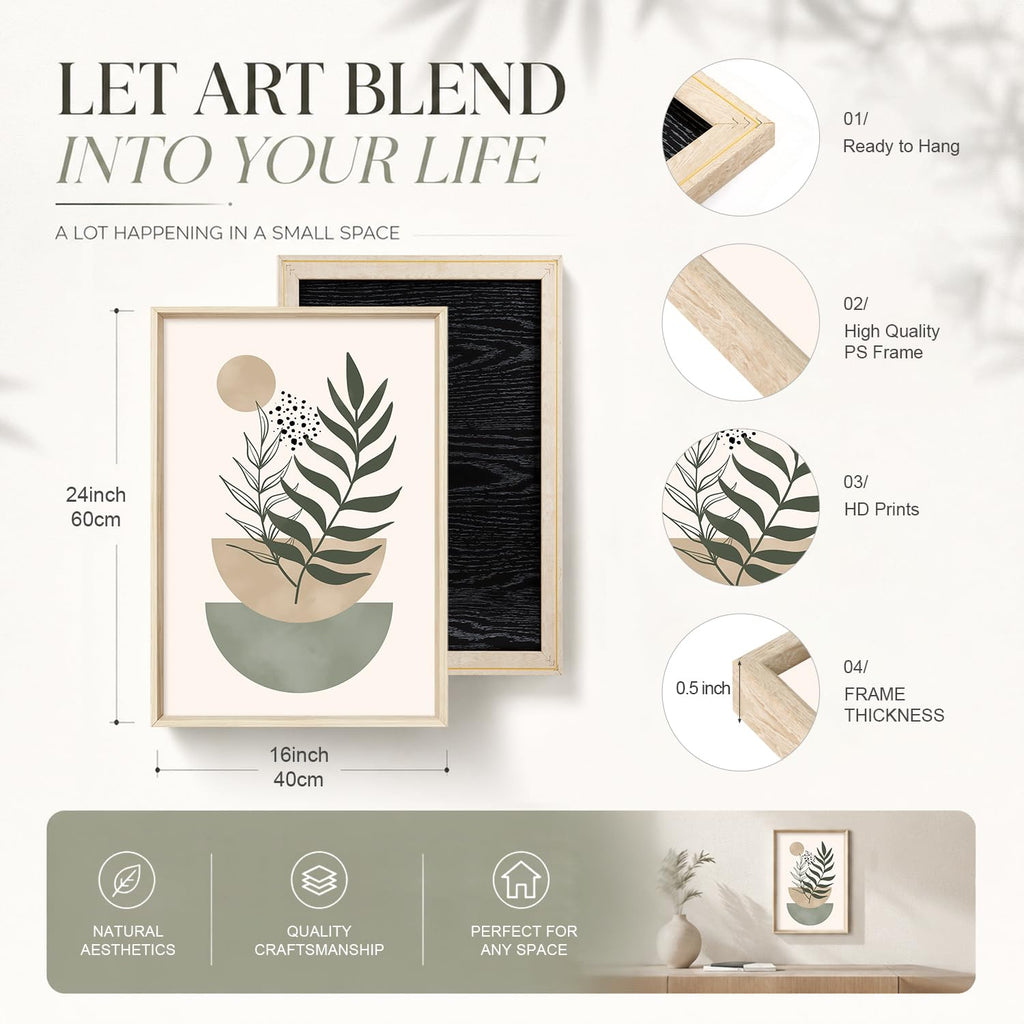 Large Boho Sage Green Framed Canvas Wall Art, Neutral Geometric Line Wall Decor, Minimalist Botanical Leaf Painting
