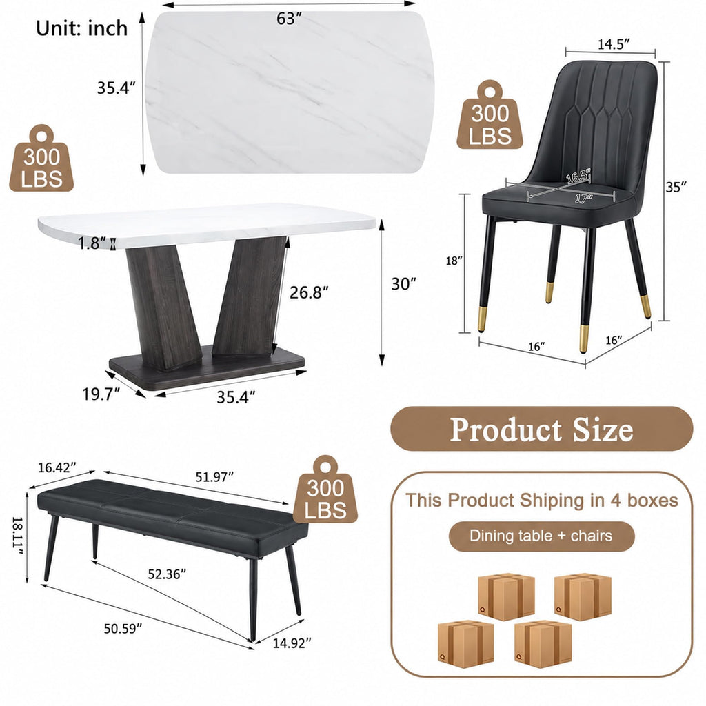 Modern Dining Table Set for 6 with Bench, 63" White Faux Marble Kitchen Table Chair Bench Set, 6 Piece Dining Table Set