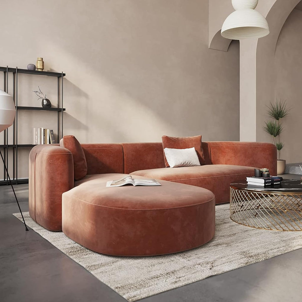 Mellow Modern Tight Curved Back Velvet Sofa, Left Chaise, Tangerine