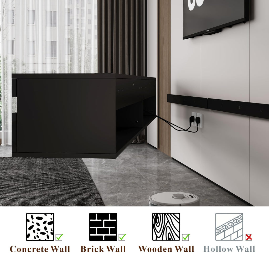 Solid Wood Floating TV Stand with LED Lighting & Power Outlet, 71" High-Gloss Entertainment Center Wall Mounted with