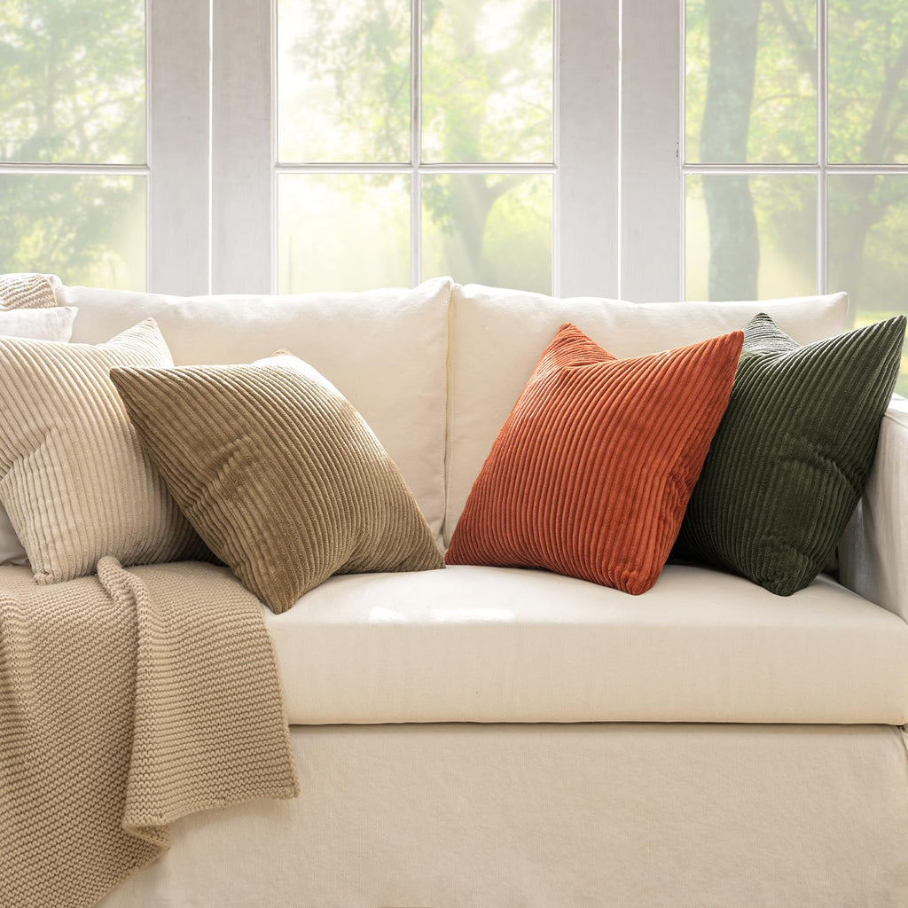 Fall Corduroy Decorative Throw Pillow Covers Rust-Olive Green 20x20