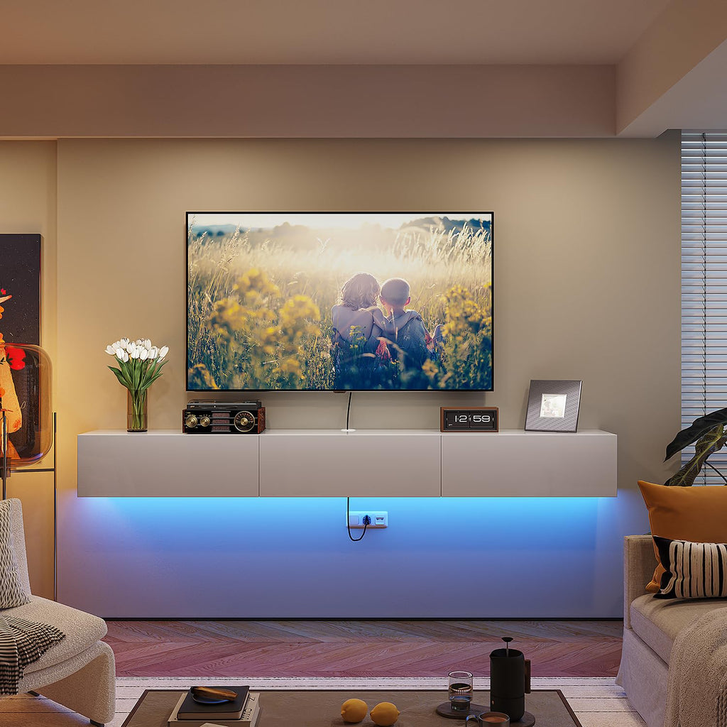 55'' Floating TV Stand, High Gloss Wall Mounted TV Console, White