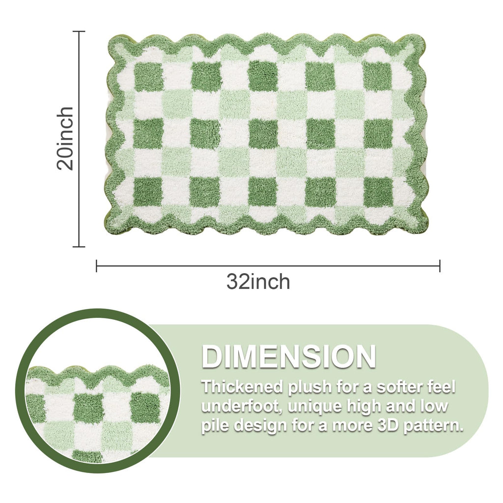 Cute Green Checkered Scalloped Bath Mat, Fun Plush Microfiber Bathroom Rugs Non Slip Washable Quick Dry Absorbent
