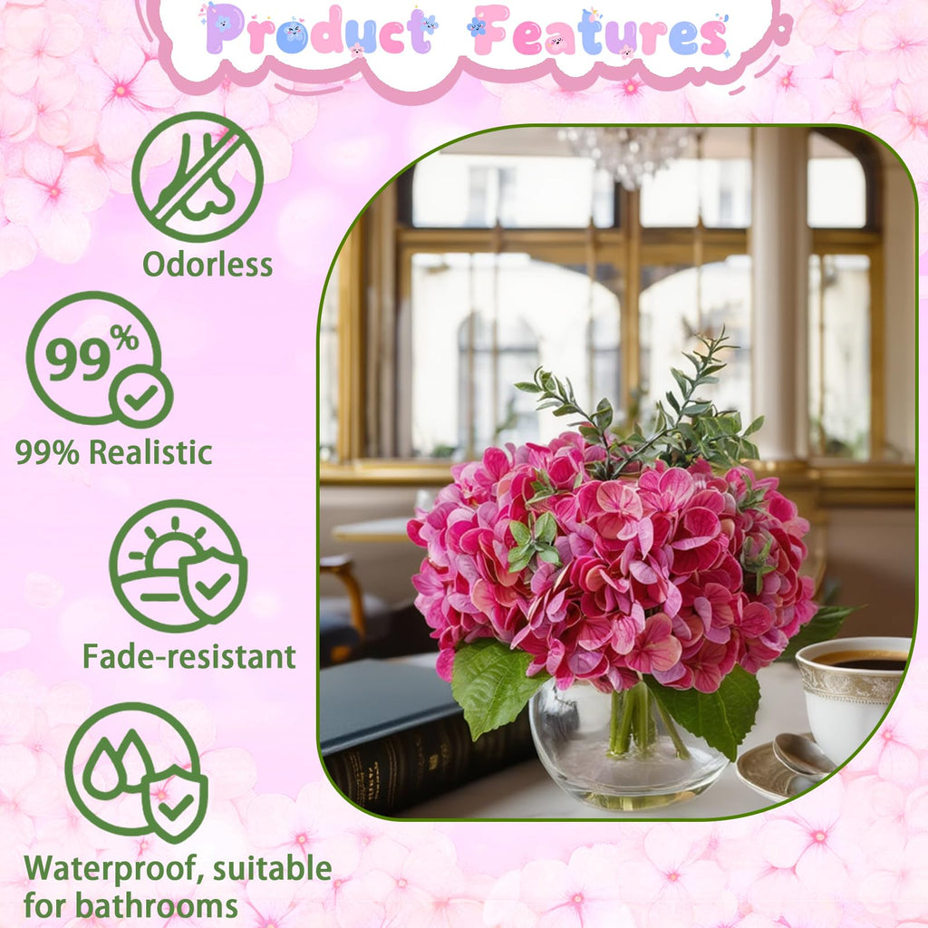 Rose Red Hydrangea Artificial with Eucalyptus in Vase Fake Coffee Table Decor Real Touch with Faux Water Decor