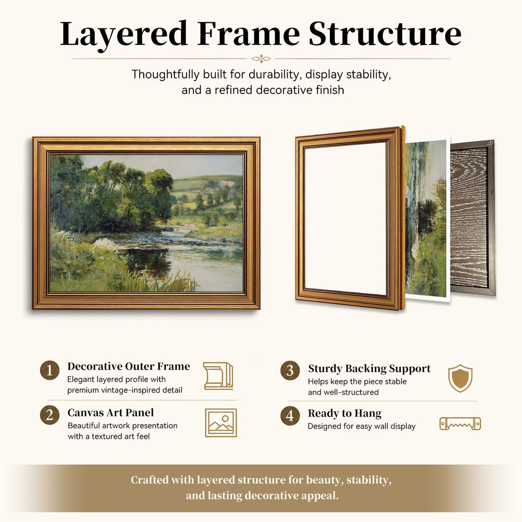 Antique River Landscape Vintage Gold Framed Wall Art 12x16 inch