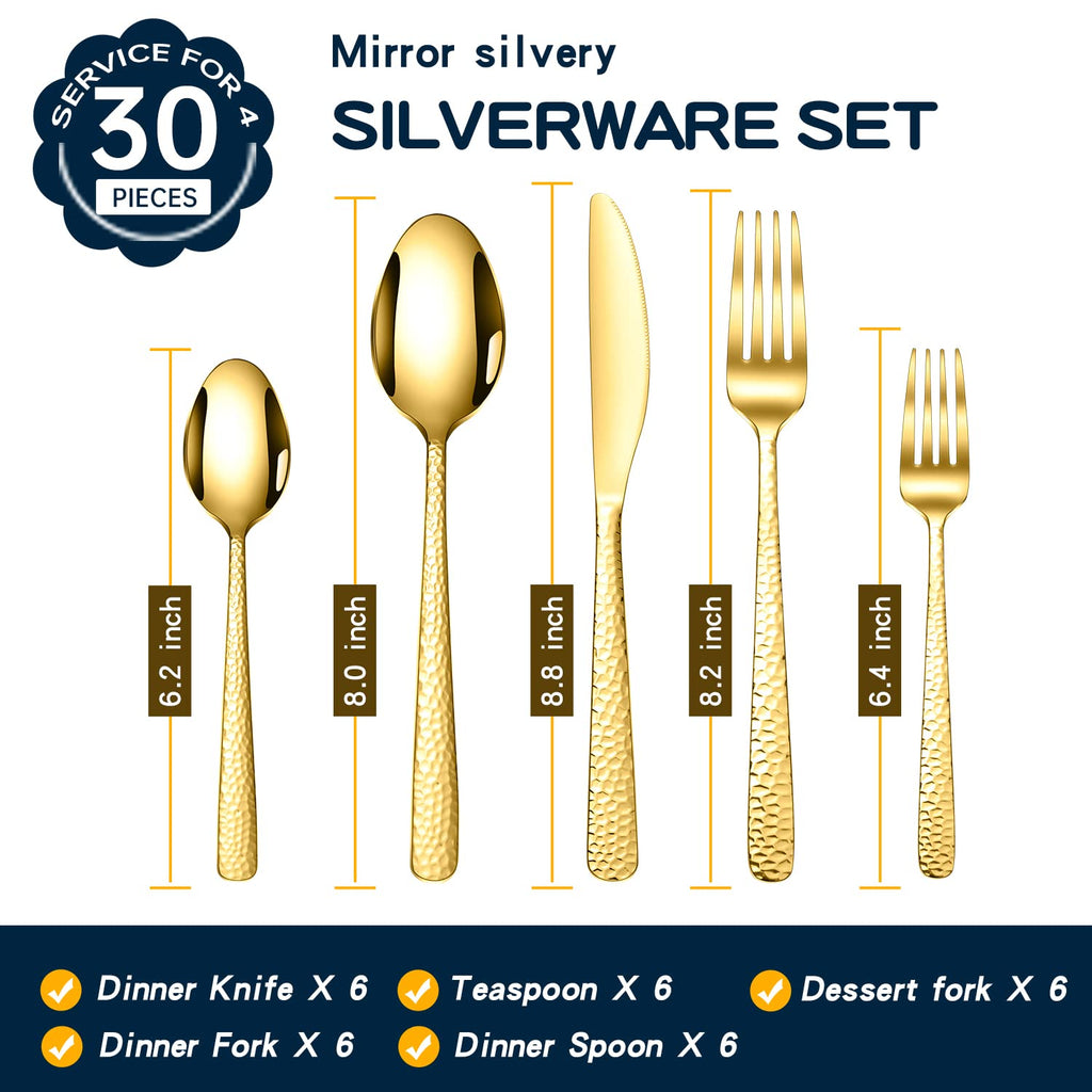 Hammered Silverware Set, 30 Pieces Flatware Set Service for 6, Mirror Polished Cutlery Utensil Set Include Fork Knife