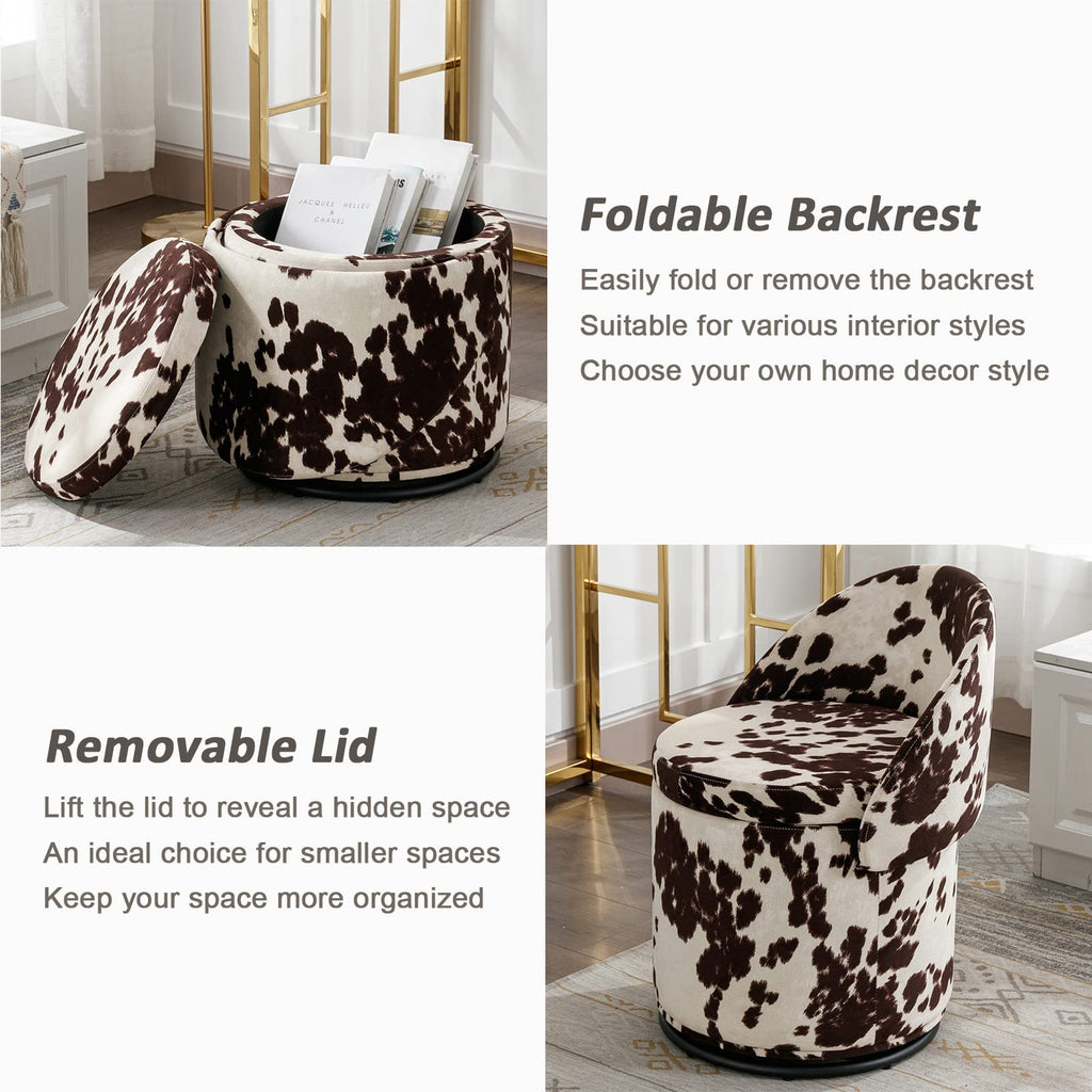 Modern Round Swivel Vanity Storage Stool with Foldable Backrest, Linen Upholstered Ottoman with Removable Lid