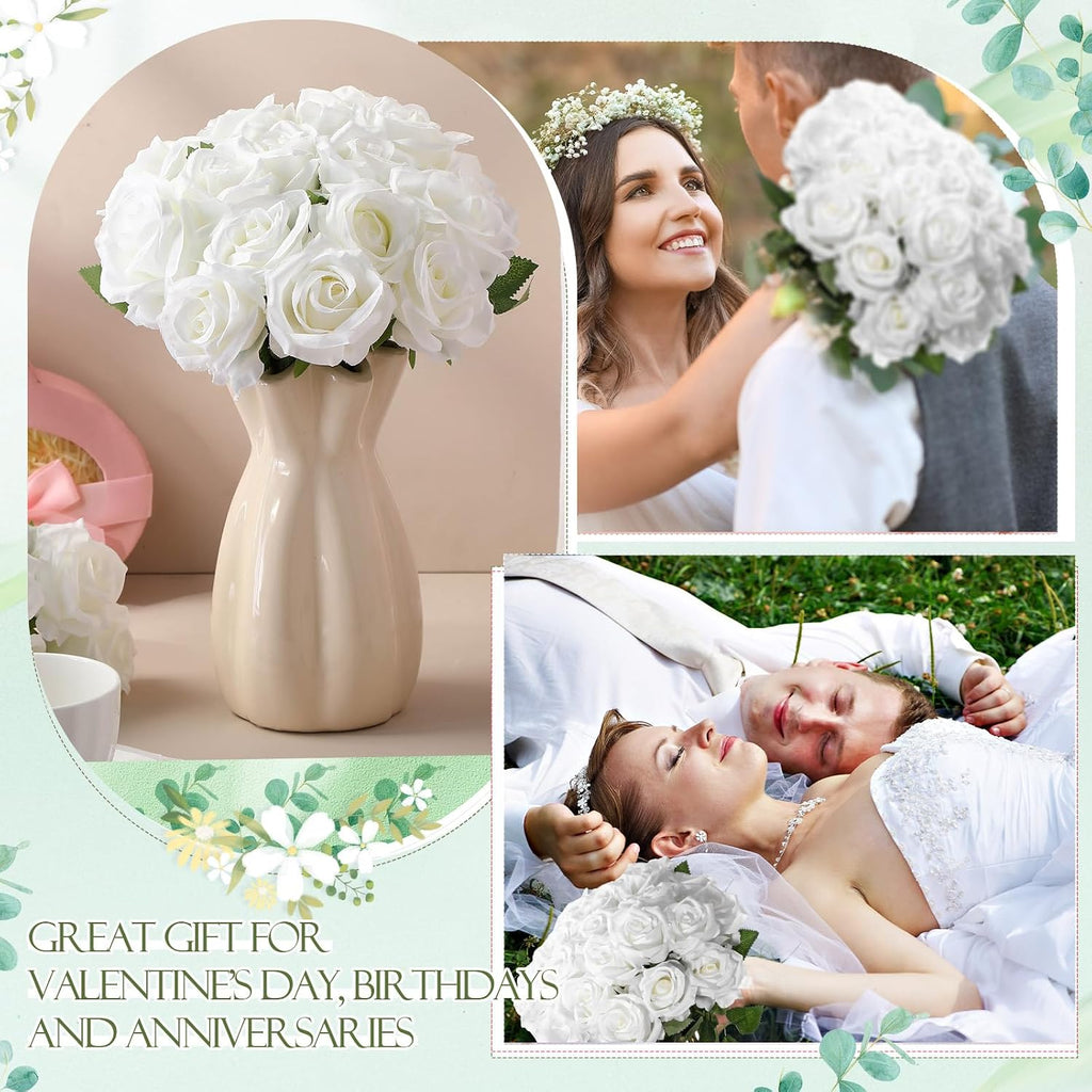 Artificial Silk Roses Bulk with Long Stem,Pure White - Set of 50