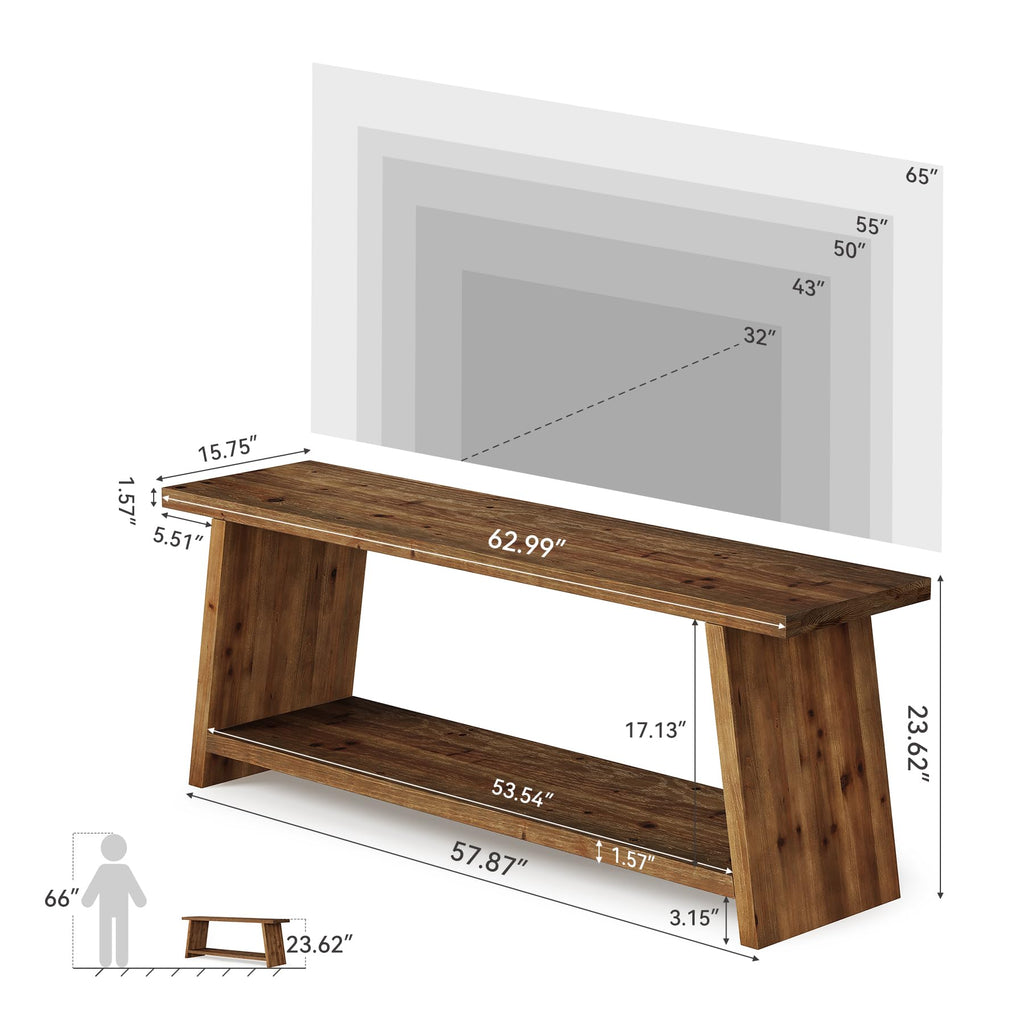 Solid Wood TV Stand, Farmhouse Media Console for 55/60/65 inch TV, 2-Tier Mid-Century Modern TV Stand with Storage