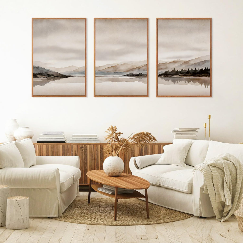 Abstract Mountain Brown Framed Canvas Wall Art, Neutral Watercolor Landscape Wall Decor, Minimalist Grey Beige Lake