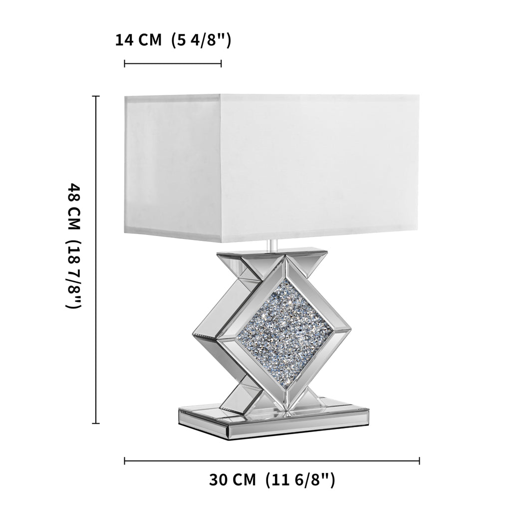 Crystal Crushed Diamond Mirrored Table Lamp, 23.6" Silver Glass Rectangular Bedside Lamp with Linen Shade, 3-Way