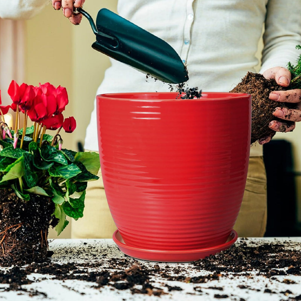 Ceramic Pot for Plants 12 Inch - Plant Pot Indoor with Drainage Hole and Saucer Round Large Planter for Outdoor