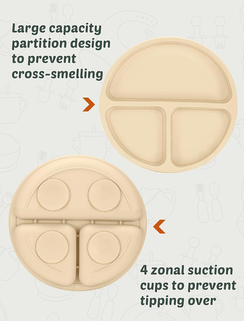 Feeding Set 9 Pcs, Spill-Proof Suction Plate, Bowl, Bib, Silicone spoon&forks, Wooden Spoons&forks, Training cup