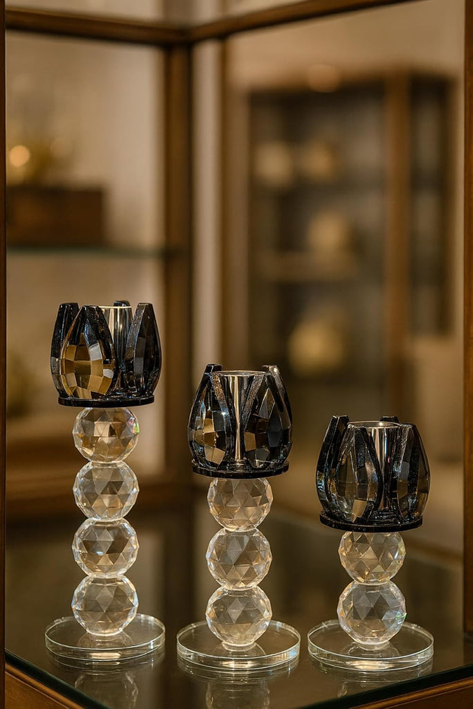3-Piece Quality Crystal Sparkle Candlestick Set | Black Glass Holders with Amber Tops | Refined Tall Design for