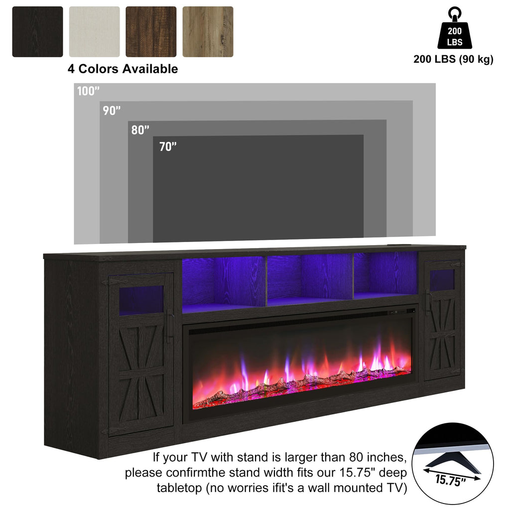 95" Fireplace TV Stand, Farmhouse Entertainment Center for 100" TV, Black