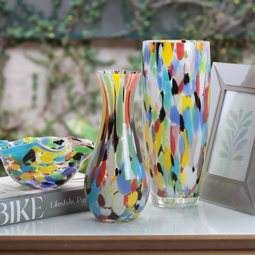 Murano Style Art Glass Vase Hand Blown Colorful Confetti Effect Home Decor | Hand Blown Glass Vase, Decorative Table