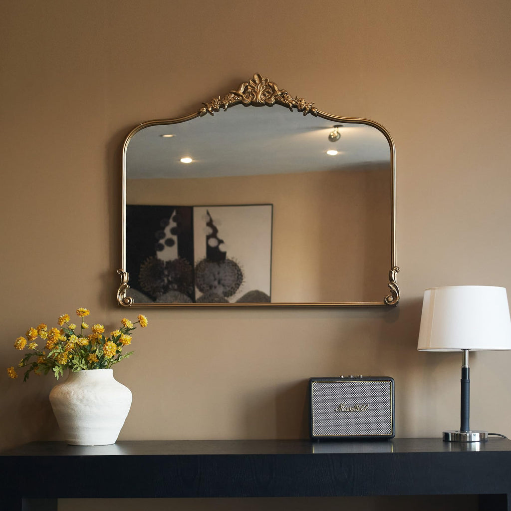 Vintage Gold Wall Mirror 36x30 Inch, Baroque Design, Ornate Arched Frame