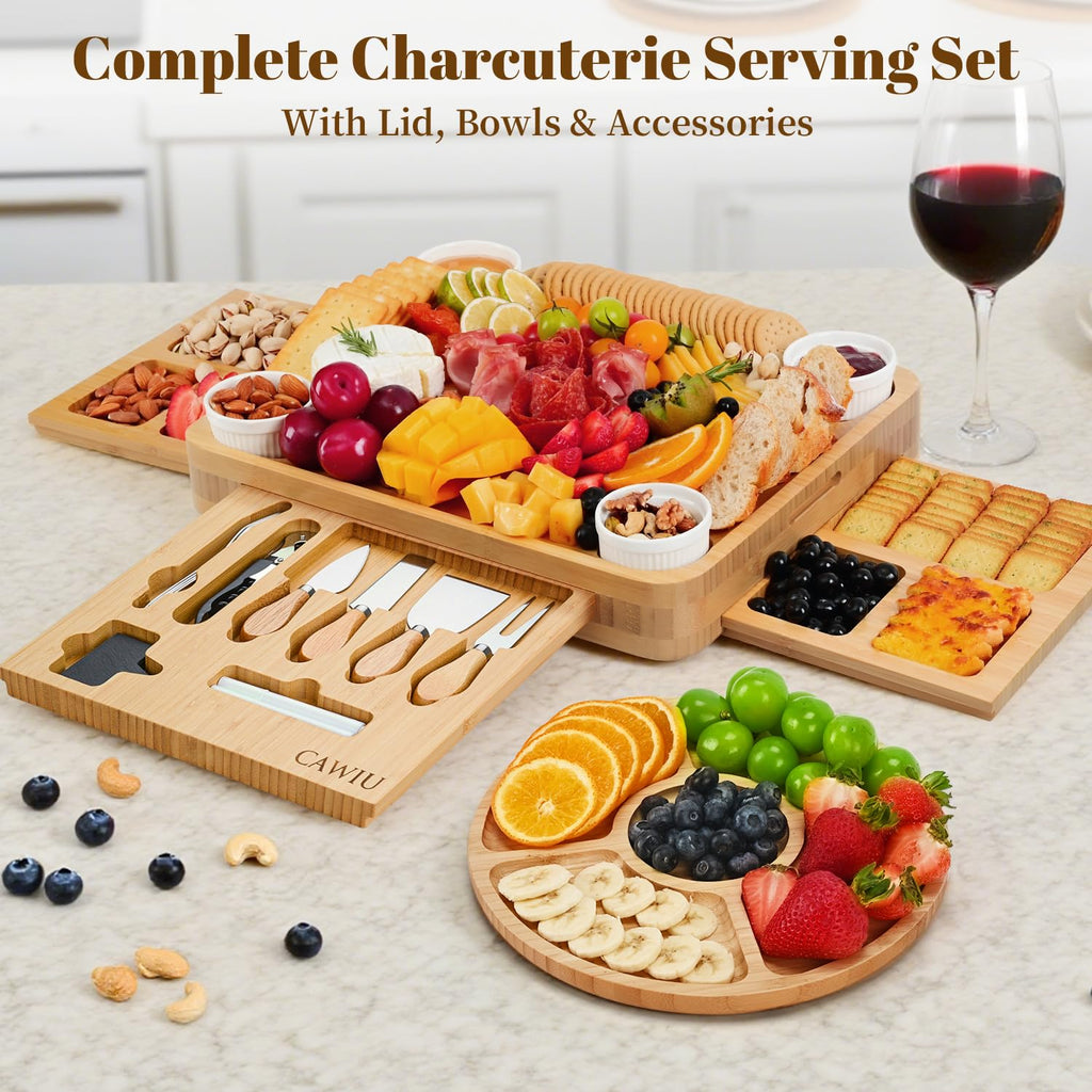Large Bamboo Charcuterie Board Set with Lid, Drawers, Black