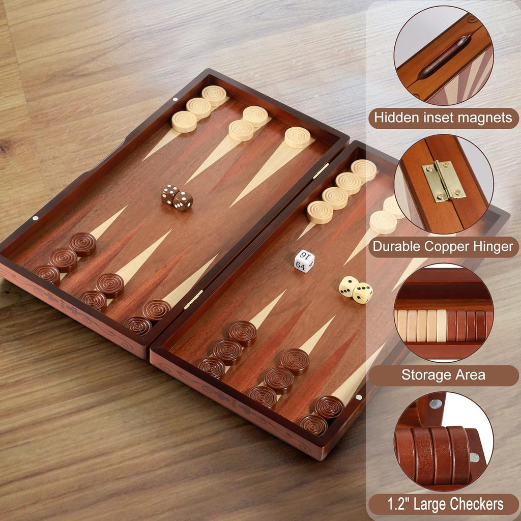 Handcrafted Wooden Backgammon Set - 16x15.3inch, Oversized Pieces, Intricate Carvings, Premium Travel Game Board