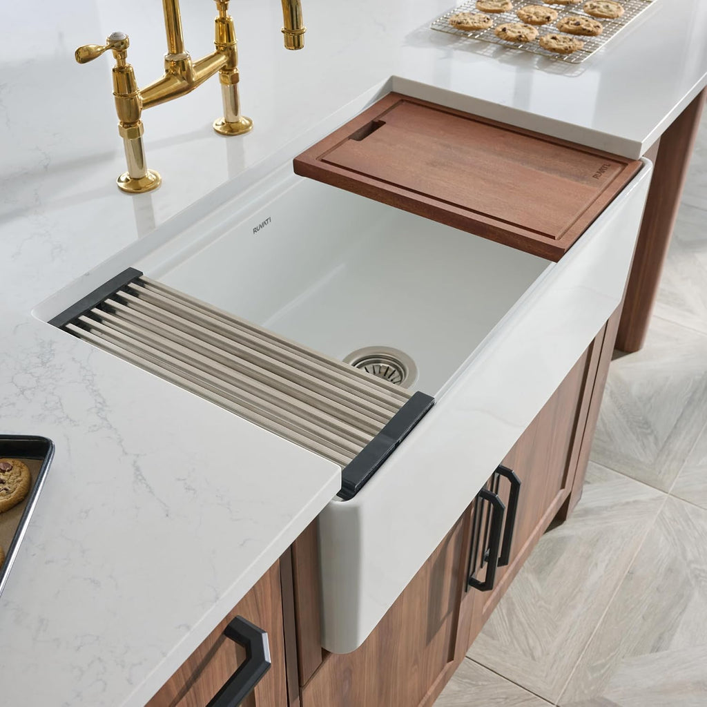 33 inch Fireclay Workstation Kitchen Sink - White Farmhouse Kitchen Sinks - Apron Front Sinks Single Bowl - MADE IN