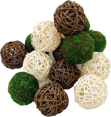 Decorative Balls for Vase Centerpiece Bowls Orbs Filler Table Decor, 2.4 in Wicker Rattan Balls and Moss Balls - Set of 15